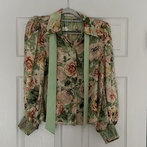 Alice + Olivia Brentley tie neck blouson sleeve blouse